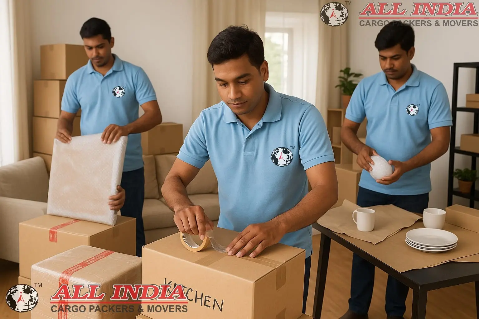 Professional packing team at work